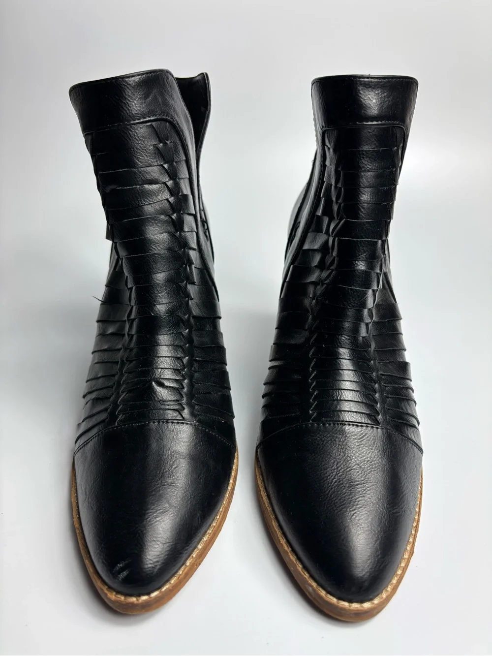 Beast Fashion Black Leather Ankle Block Heels Woven Strappy Boots Women Size 10